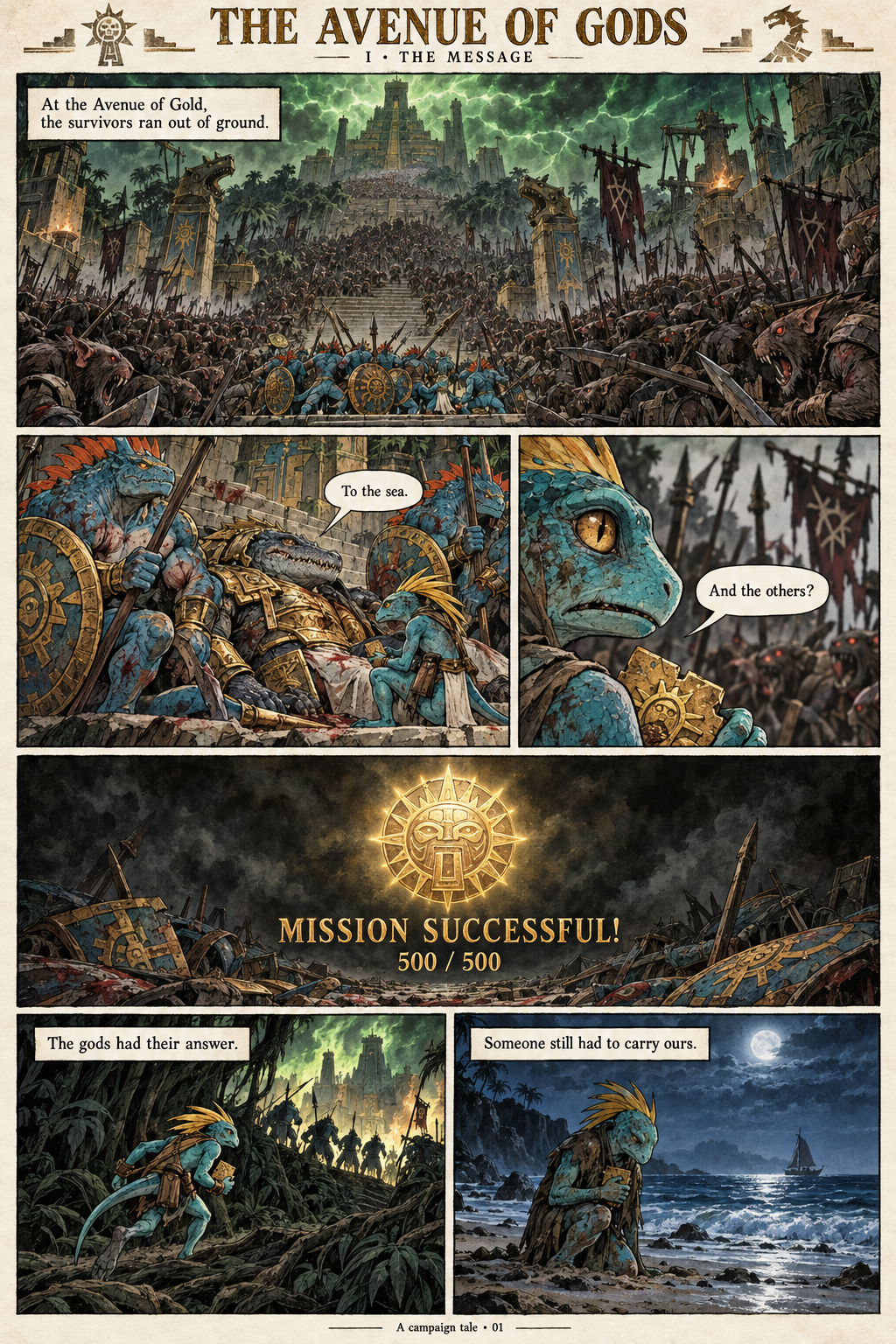 The Avenue of Gods: a six-panel comic following a Skink messenger from the last stand to a moonlit shore
