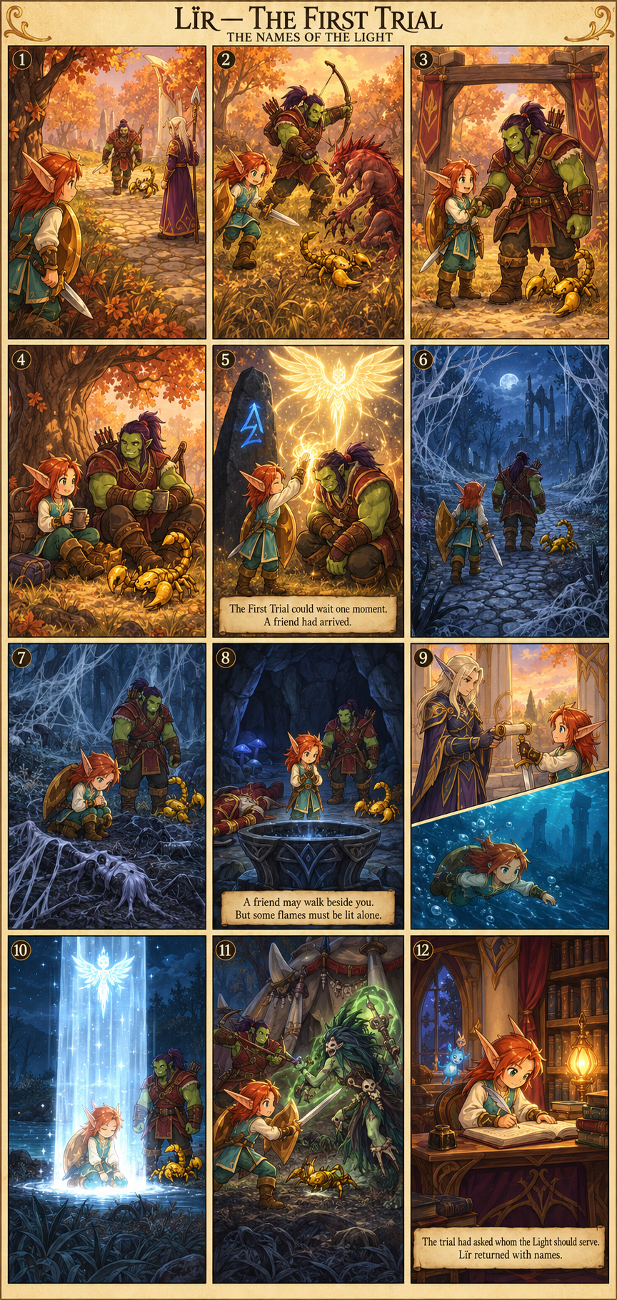 A twelve-panel storybook comic following Lïr, Graktur, and Scorpid into the Ghostlands and through Lïr's First Trial