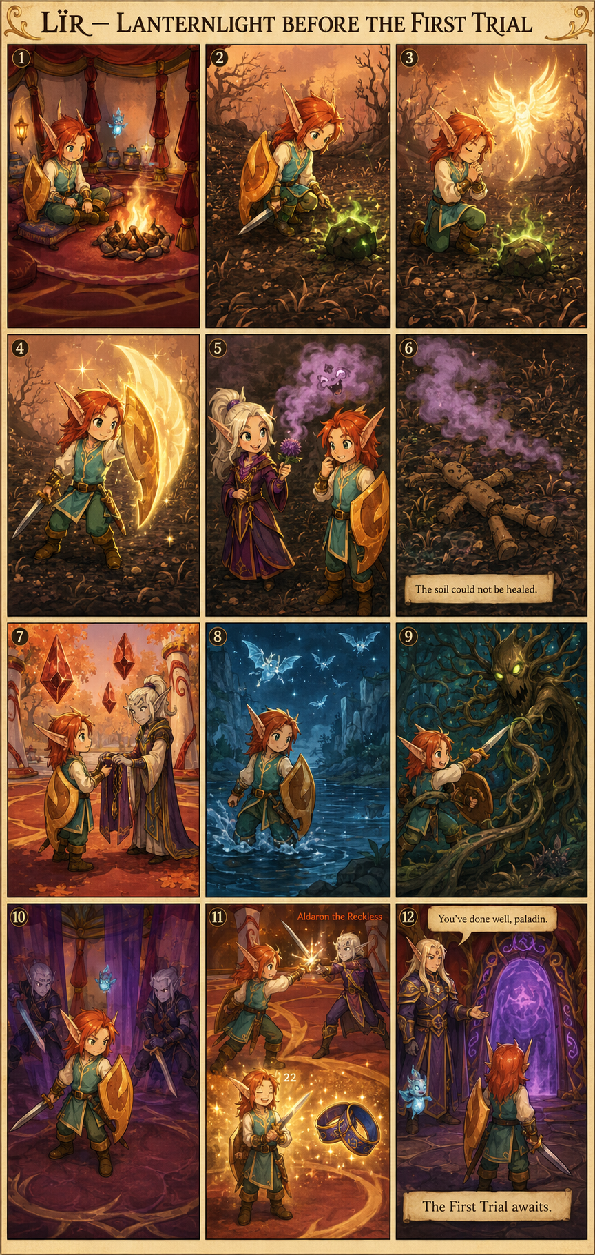 A twelve-panel storybook comic following young Lïr from Pillow House through the Ghostlands to the doorway of his First Trial