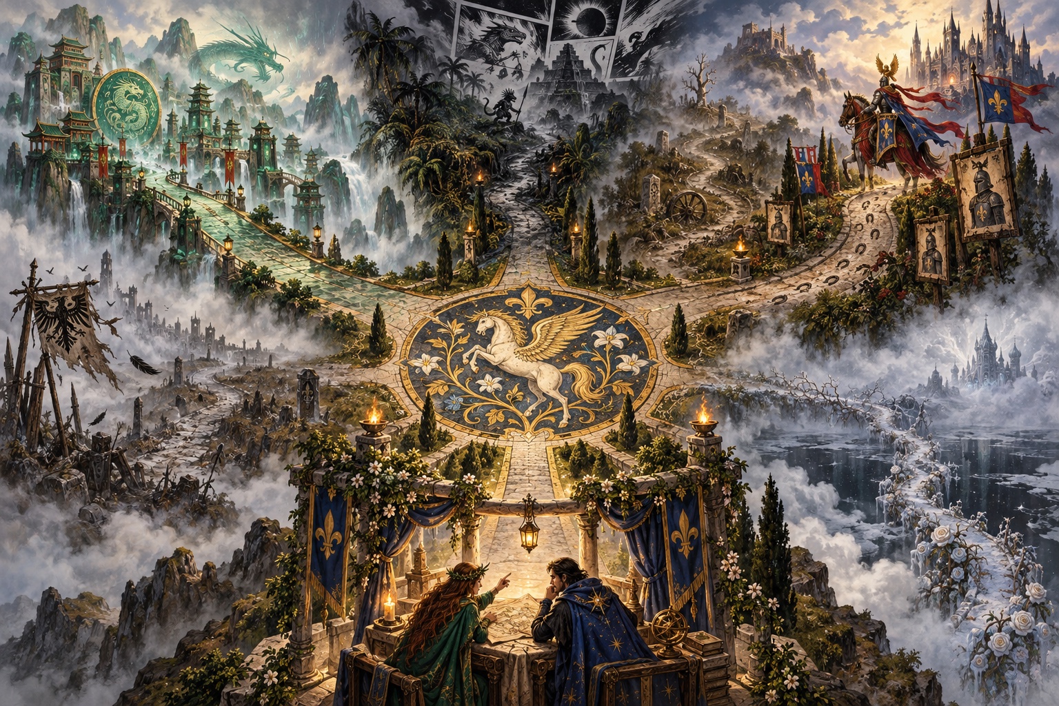 An illuminated fantasy landscape in which Aislinn and Thaeios confer beneath a flowered pavilion while six roads leave a central Pegasus mosaic for a jade dragon realm, an ink-dark Skink tale, Henri Première’s red-and-blue banners, and three uncertain paths lost in mist, ruins, and frost