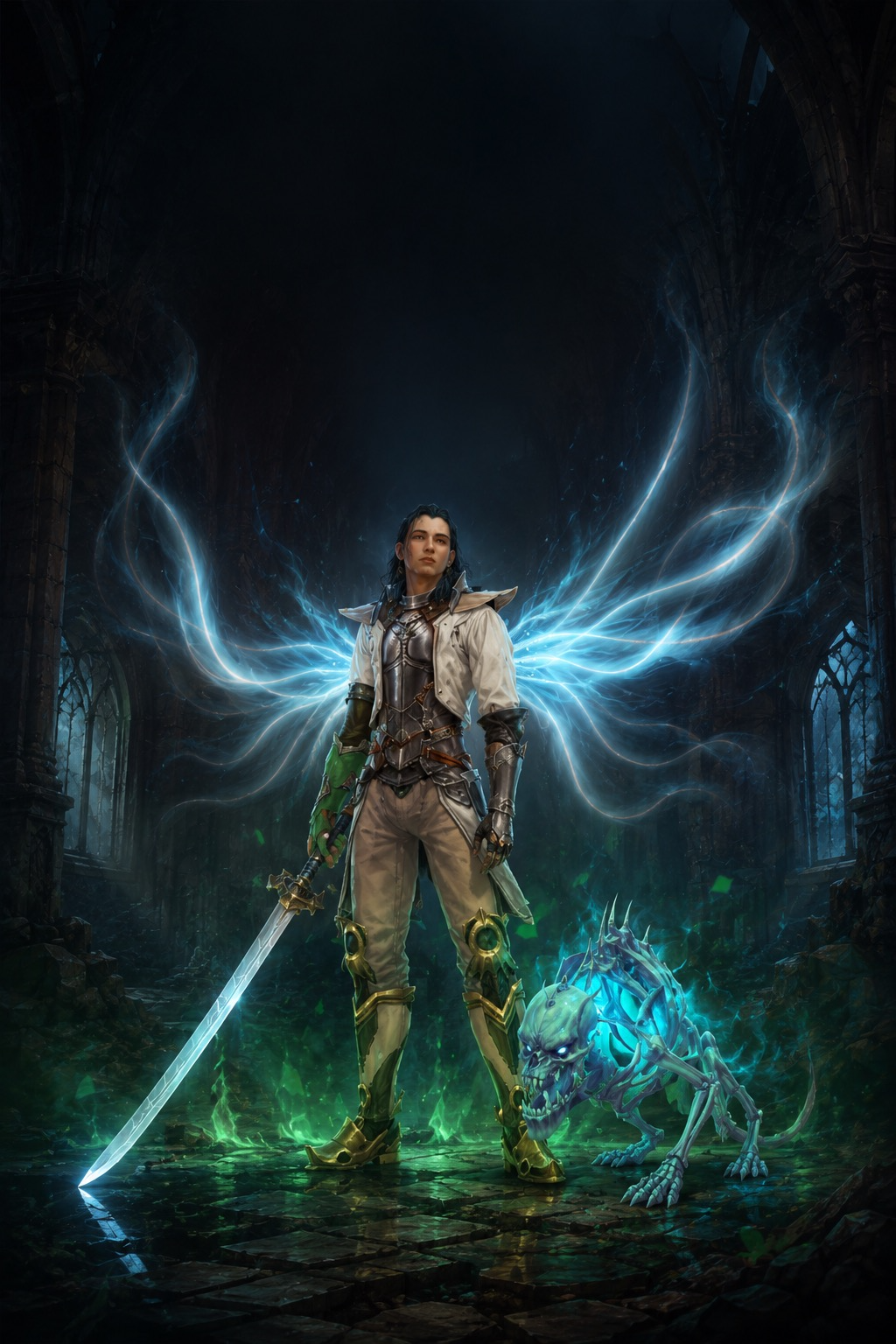 A sword-bearing guardian and spectral companion beneath luminous blue wings