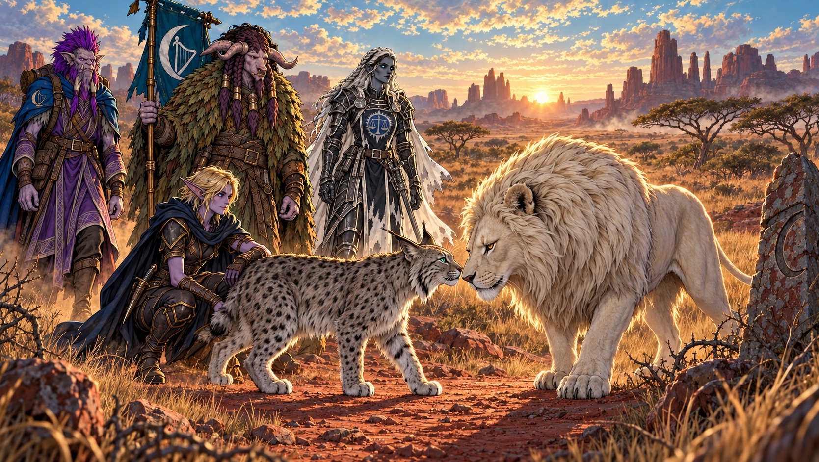 Four fantasy guild companions and two great cats meet at sunrise in a red-rock savanna beneath a blue harp banner