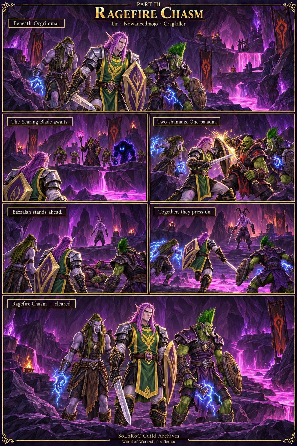 Lïr and two troll shamans clear the violet-lit caverns of Ragefire Chasm