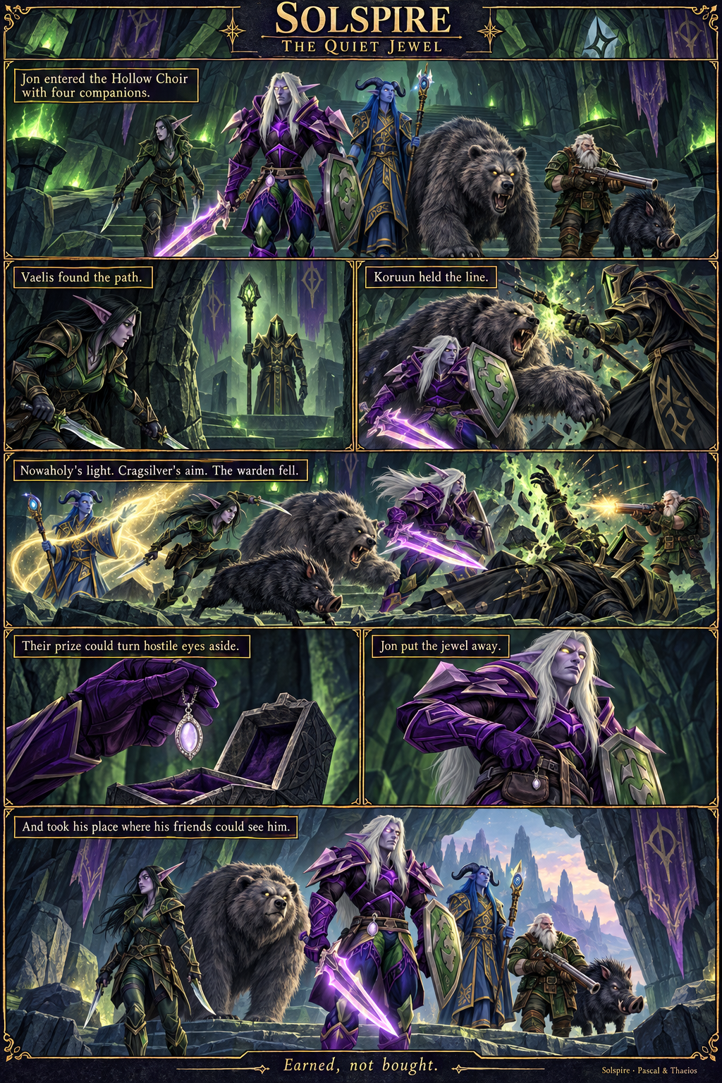 The Quiet Jewel: Jon and his companions in a gold-framed, seven-panel Solspire comic