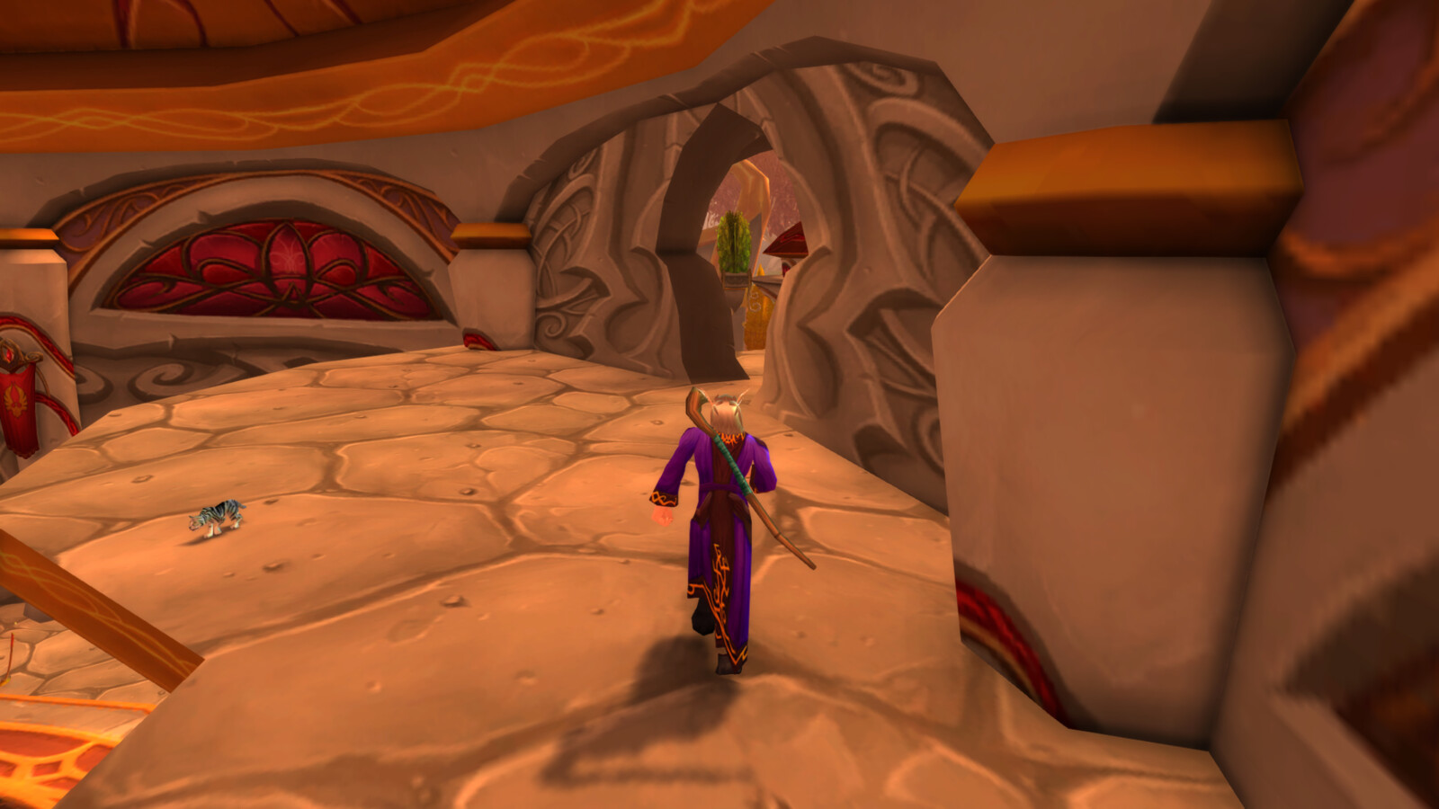 Thrïïr, a young blood elf mage in violet robes, leaves Sunstrider Isle