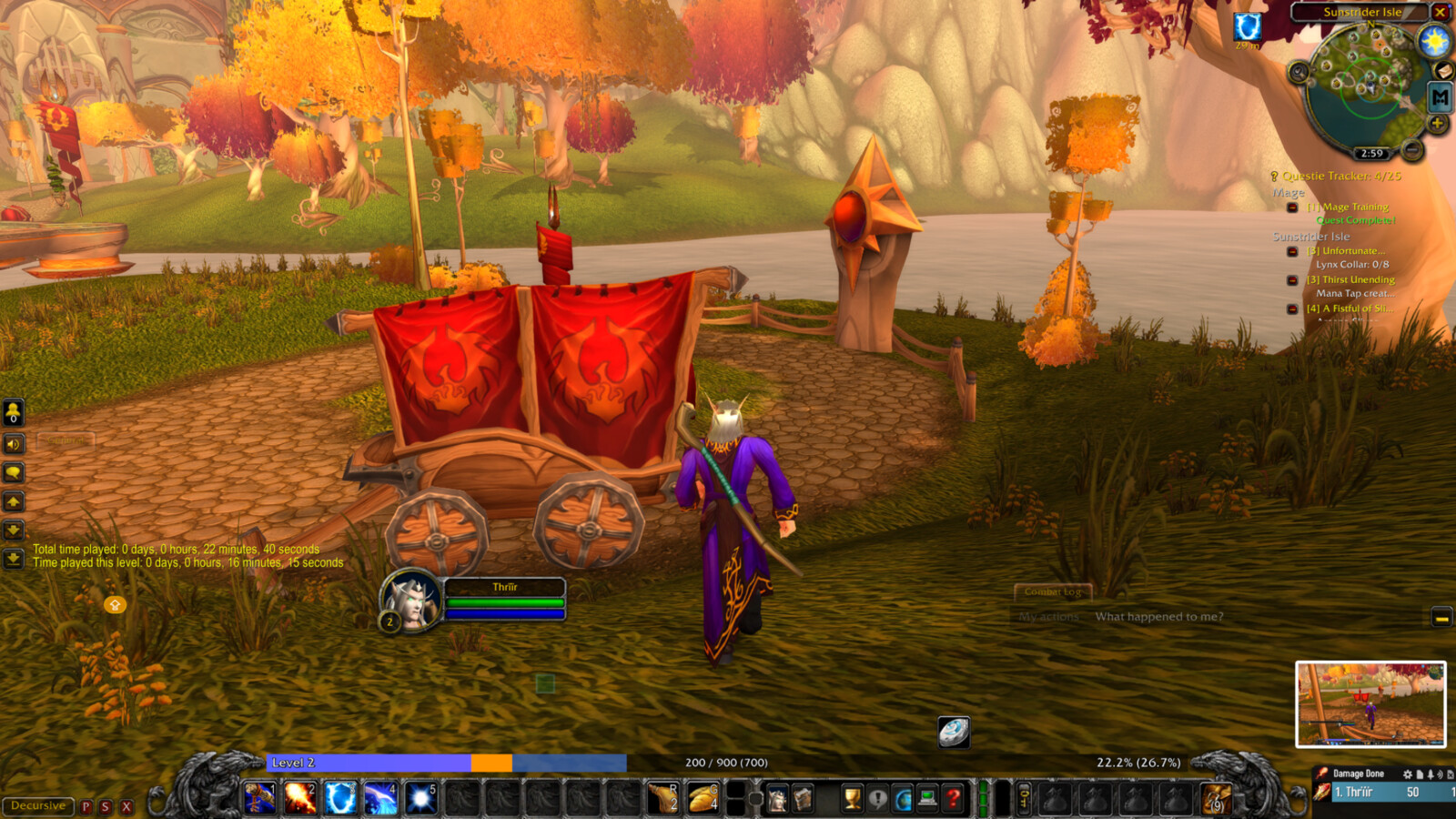 Thrïïr follows the road past a red blood elf caravan; his played time reads twenty-two minutes
