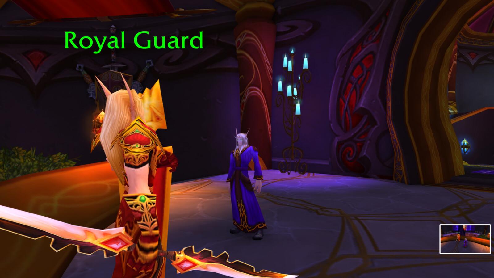 A Royal Guard of Silvermoon stands beside Thrïïr with a sword and a magnificent red-and-gold shield