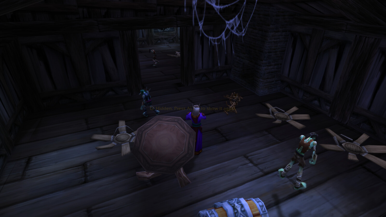 Thrïïr enters a dark guardroom in Deathknell where several Forsaken wait