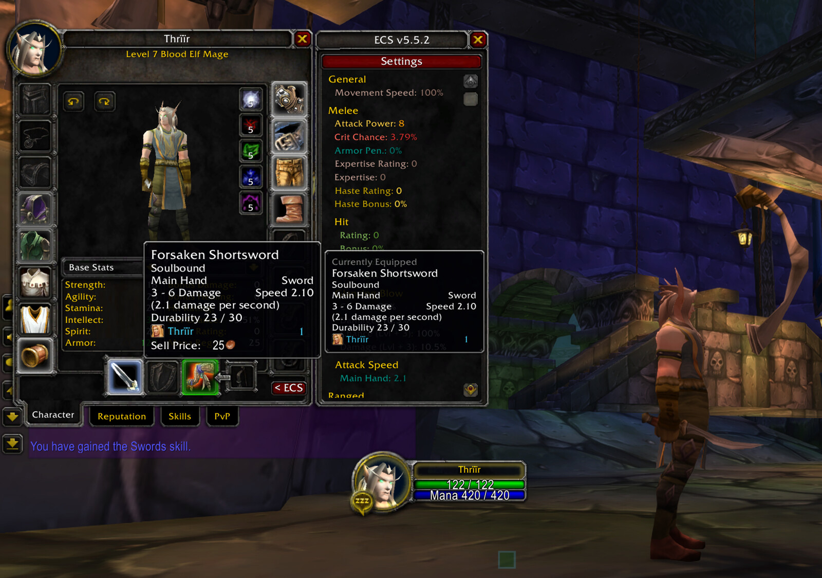 Thrïïr equips the soulbound Forsaken Shortsword as the game announces that he has gained the Swords skill