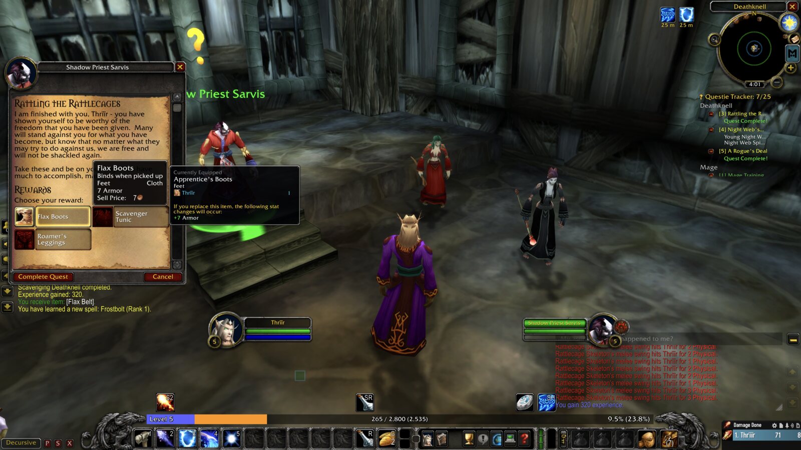 Thrïïr speaks with Shadow Priest Sarvis as a pair of flax boots is offered