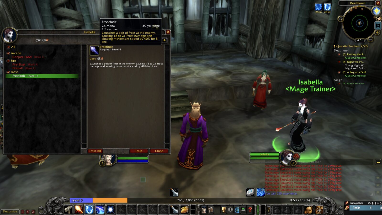 Thrïïr learns Frostbolt from mage trainer Isabella in Deathknell