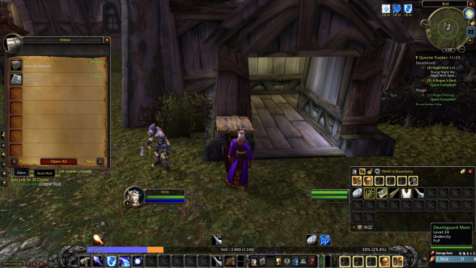 Thrïïr stands beside the Deathknell mailbox with guild mail open