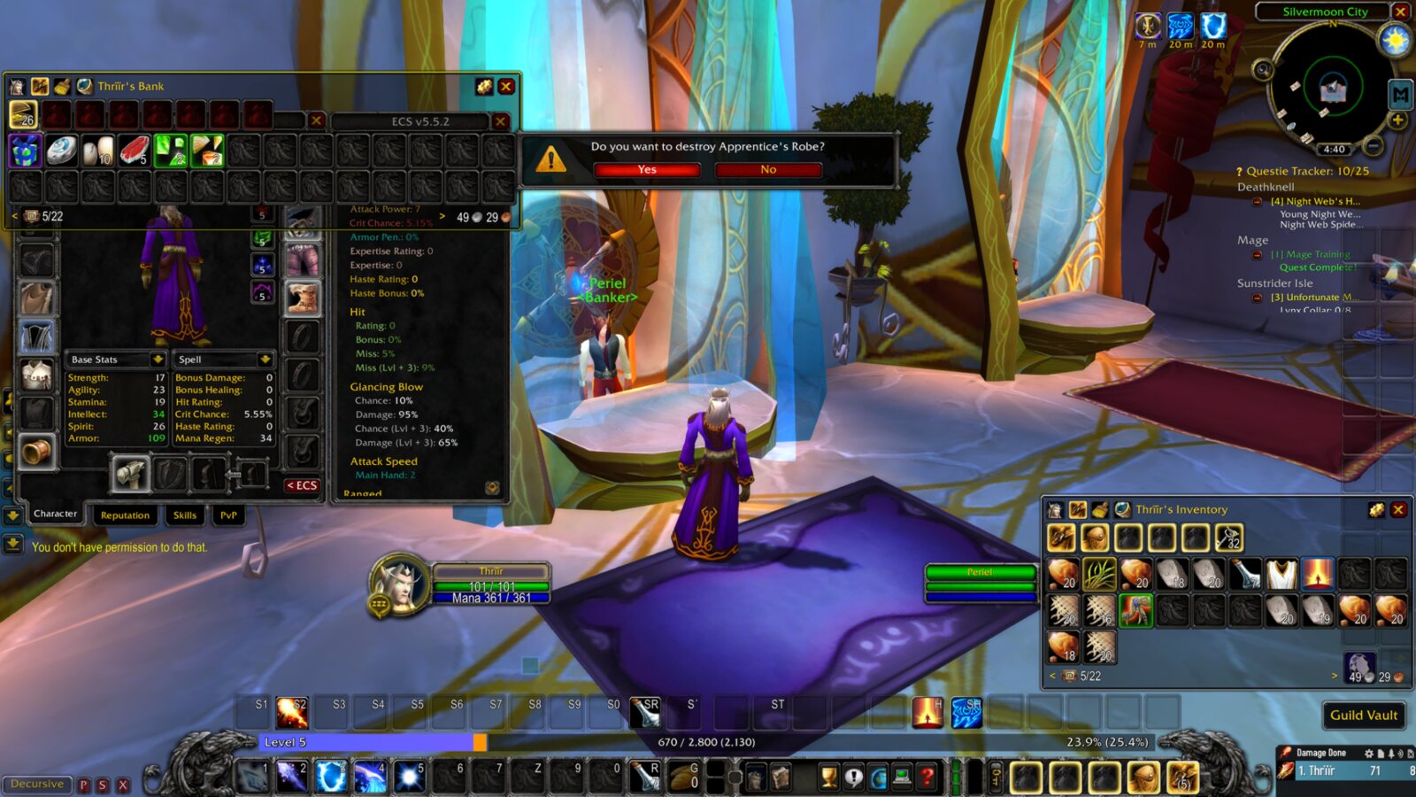 Thrïïr sorts his bags at the bank while destroying his apprentice robe