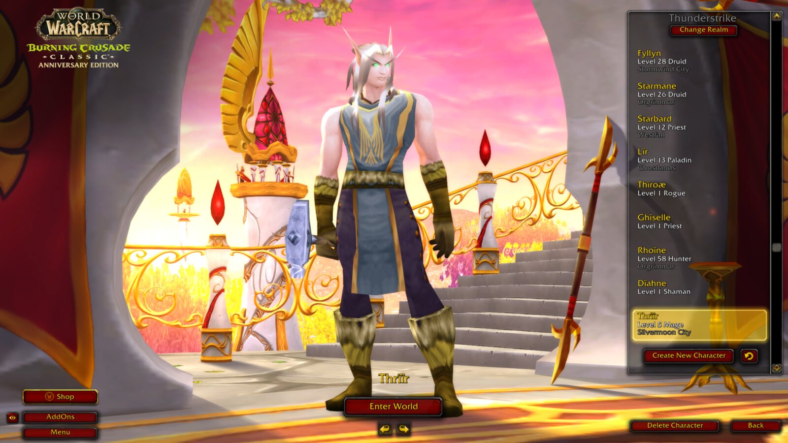 Thrïïr stands before a radiant golden background on the character screen, credited as Faredar’s boost