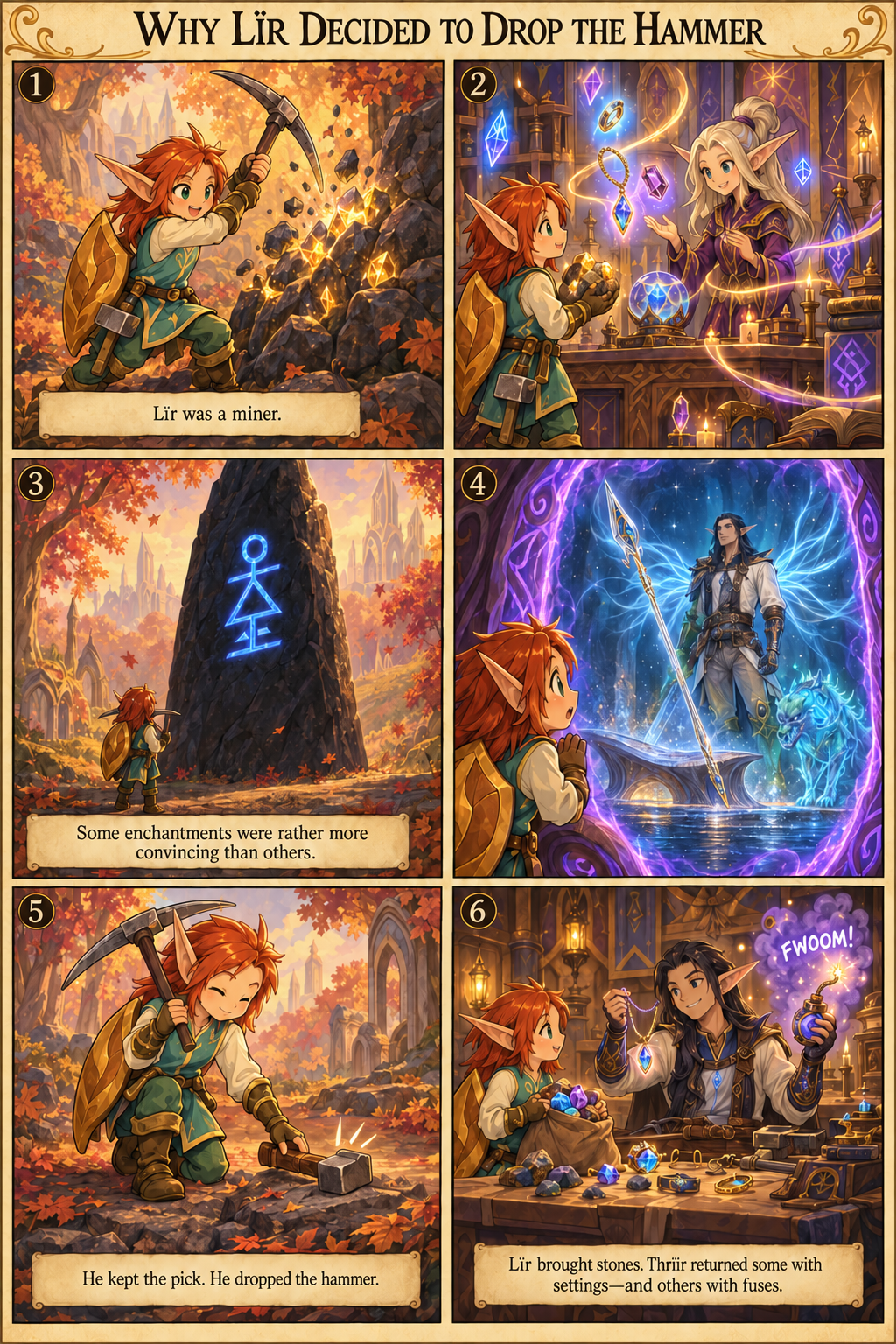 Six-panel storybook comic showing why miner Lïr keeps his pick, drops blacksmithing, and brings gems to the jeweller and engineer Thrïïr