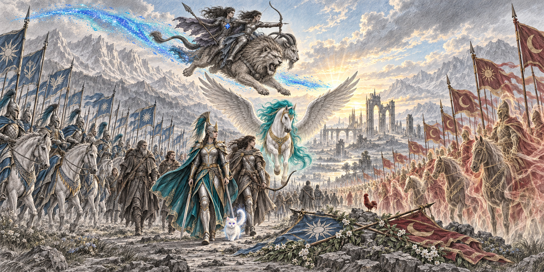 The same armies now stand in blue and red beneath a bright opening sky as a mixed company walks through the centre with a winged white horse; fallen banners from both sides lie together among white flowers.