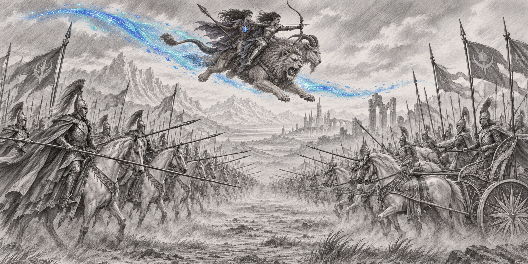 Two opposing mounted armies hold their weapons toward an empty central field beneath a grey sky, while two riders on a lion-like flying creature cross overhead in a vivid blue trail.