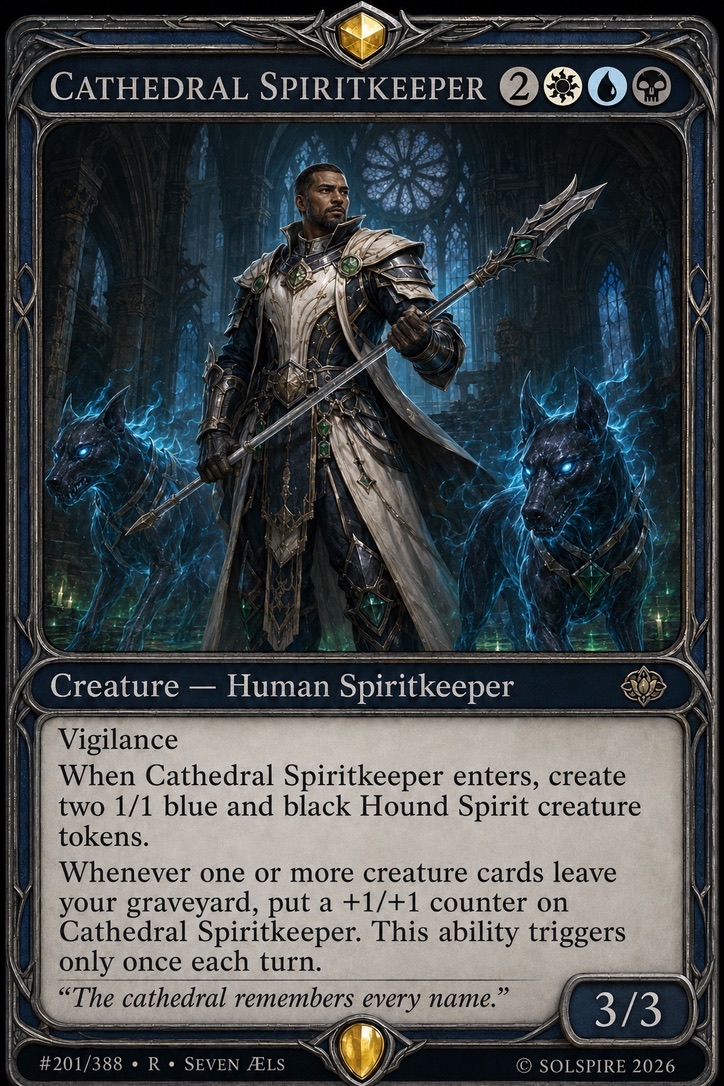 The Cathedral Spiritkeeper card, showing an armoured guardian with a spear standing between two blue spectral hounds.