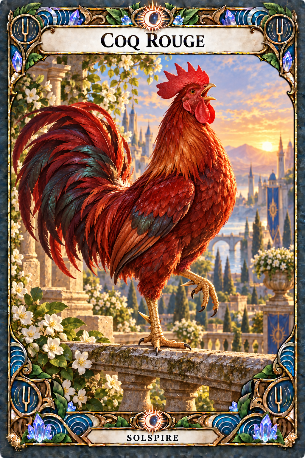 An ornate Solspire card titled Coq Rouge, showing a brilliant red cockerel calling from a stone balustrade above a sunlit city.