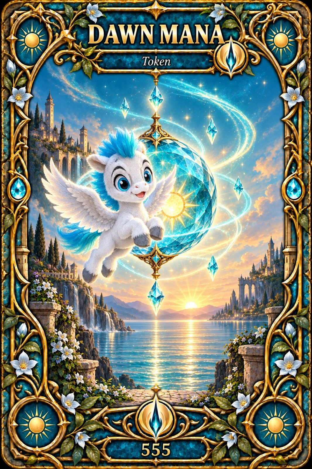 An ornate Dawn Mana token numbered 555, with a joyful winged white creature flying before a blue faceted sphere and rising sun.
