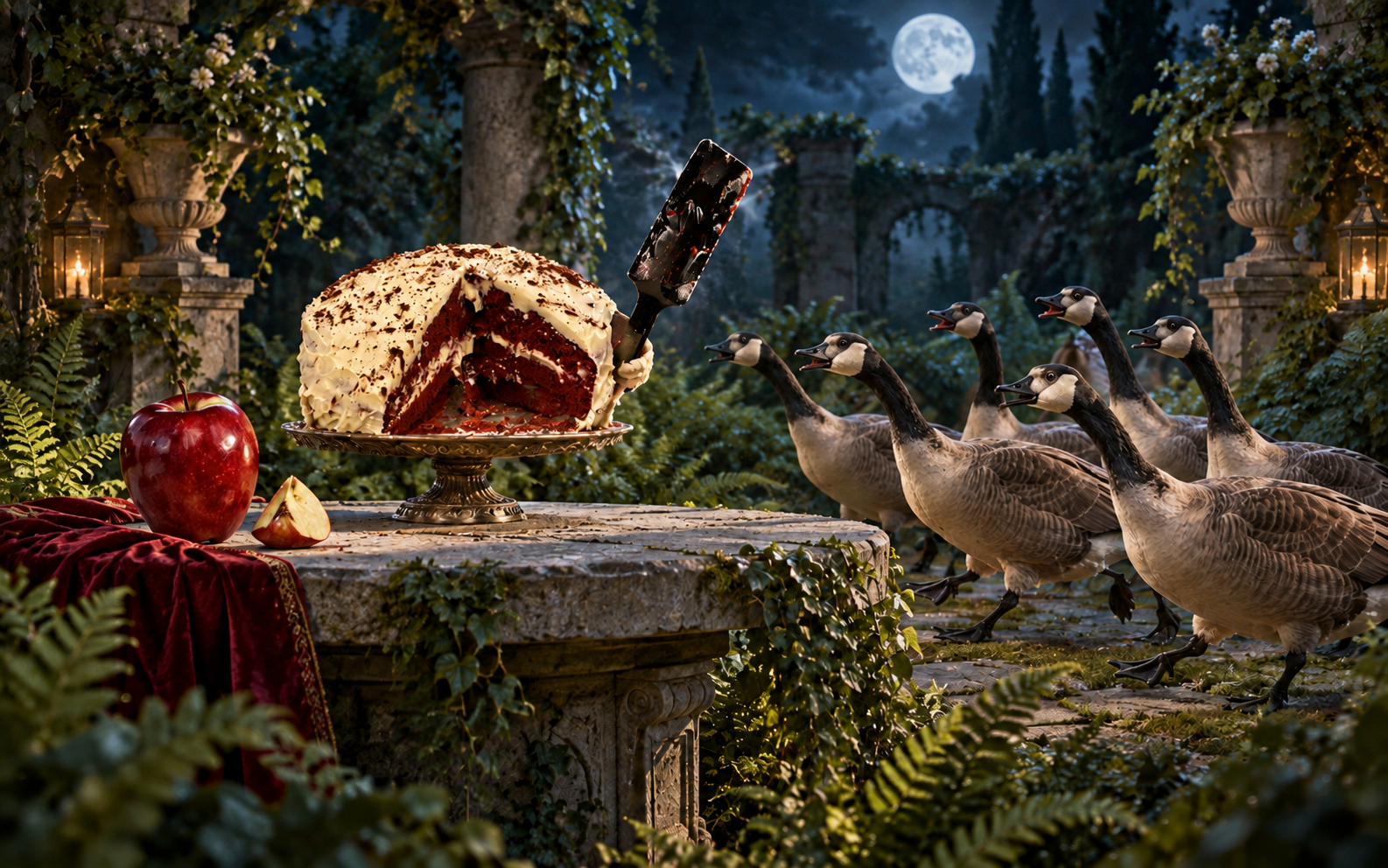 In a moonlit garden, a flock of Canada geese charges toward a red apple while a red velvet cake raises a black cake server like a judge's gavel between them.