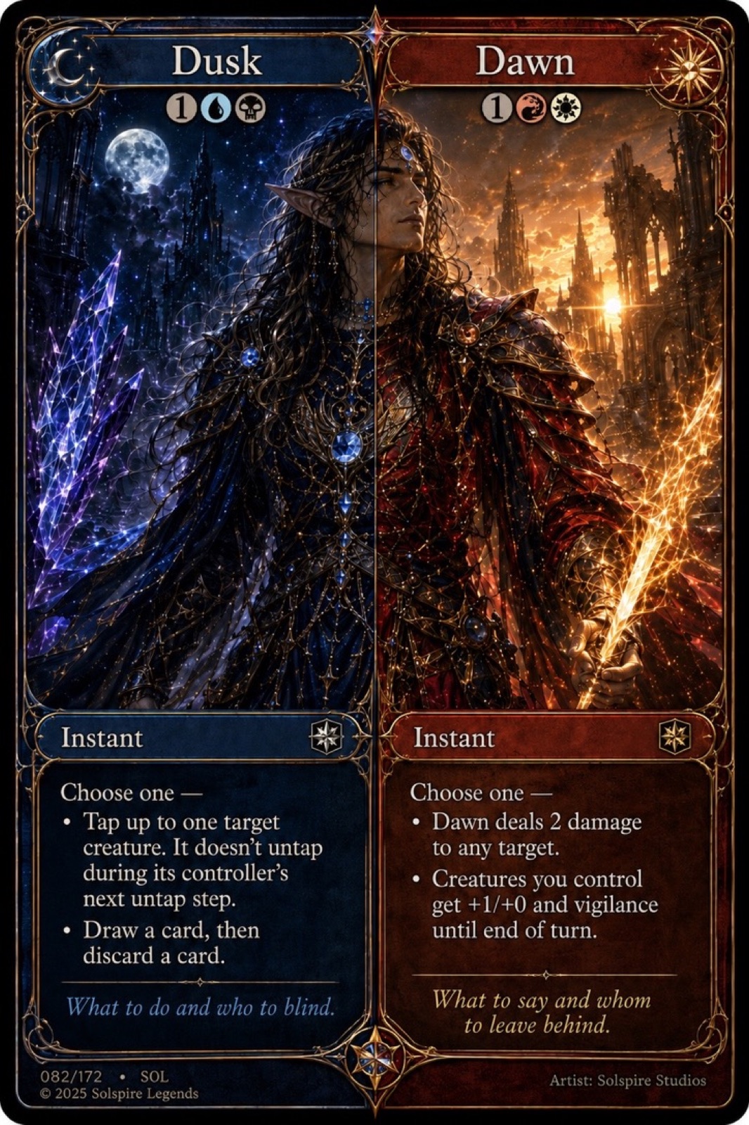 A split card titled Dusk and Dawn, pairing one figure between a blue moonlit city and an orange sunlit city.