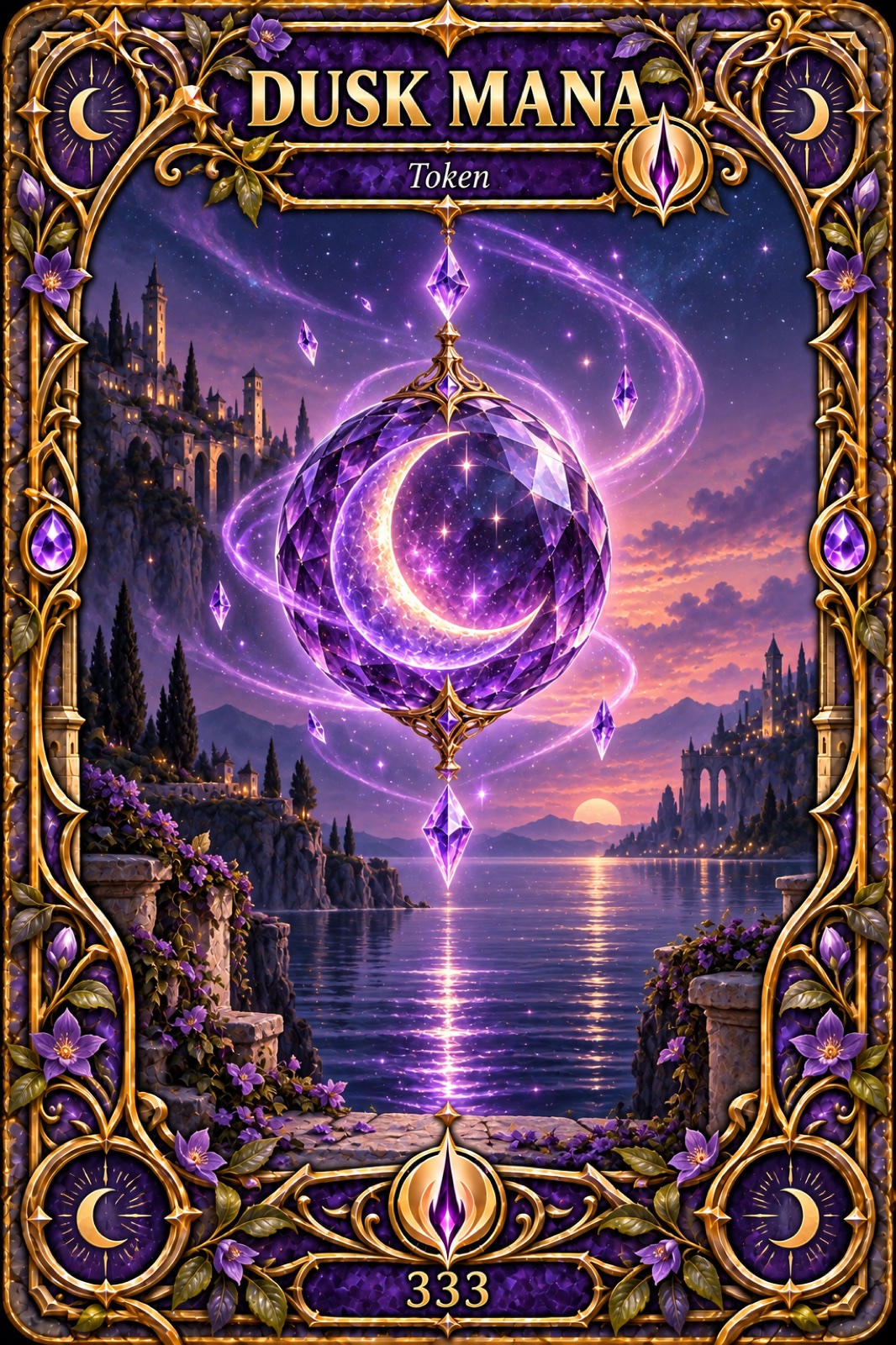 An ornate Dusk Mana token numbered 333, with a radiant crescent suspended inside a faceted violet sphere above a twilight lake.