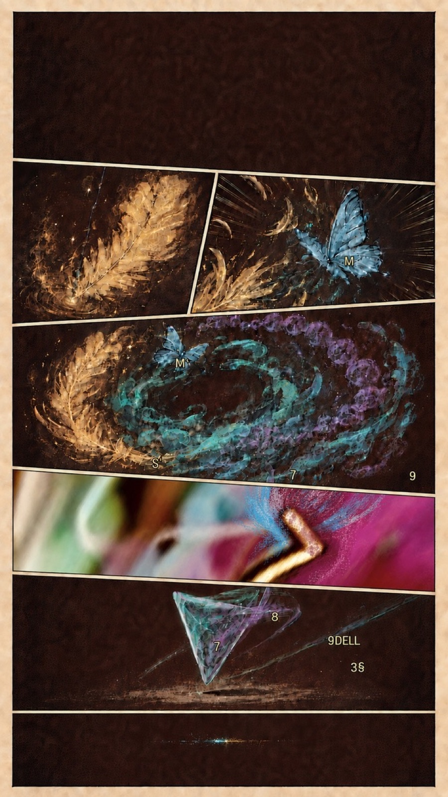 A vertical sequence shows a luminous feather, a blue butterfly, spiralling coloured currents and a faceted prism.
