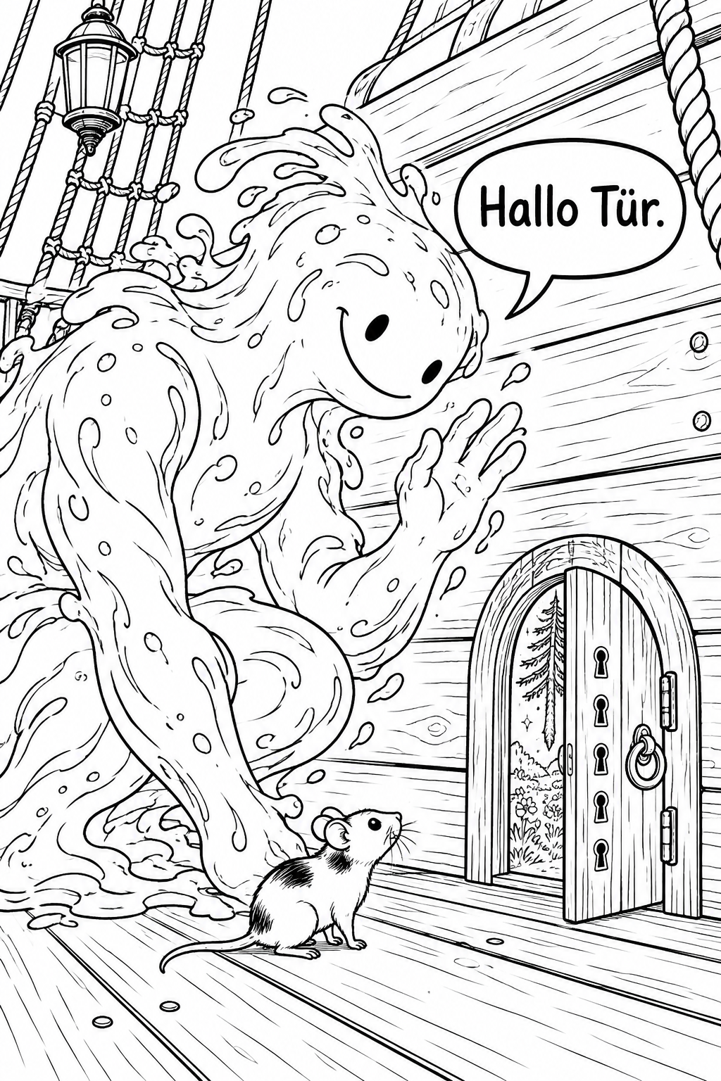 Black-and-white comic drawing of a friendly water-made giant and a small mouse greeting a tiny open door aboard a wooden ship; the speech bubble says Hallo T&uuml;r.