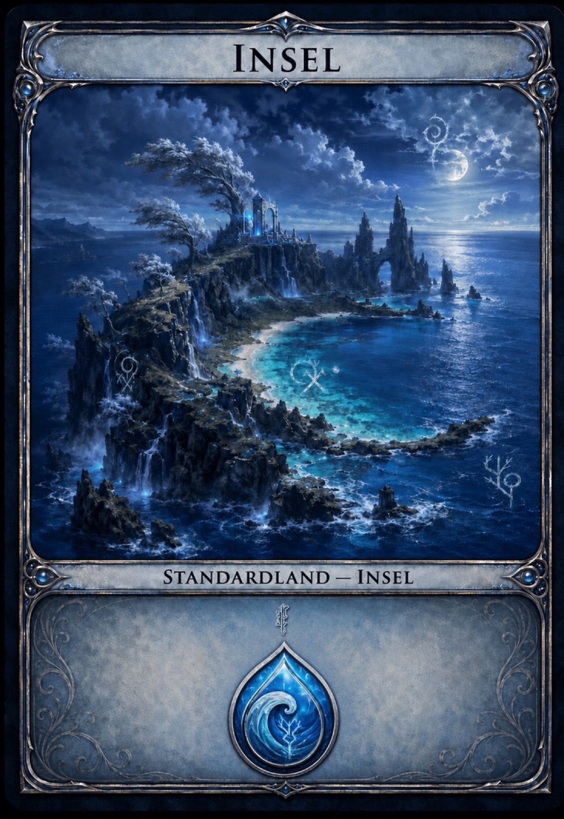 A silver-blue land card titled Insel, showing a moonlit rocky island, glowing water and pale sigils.