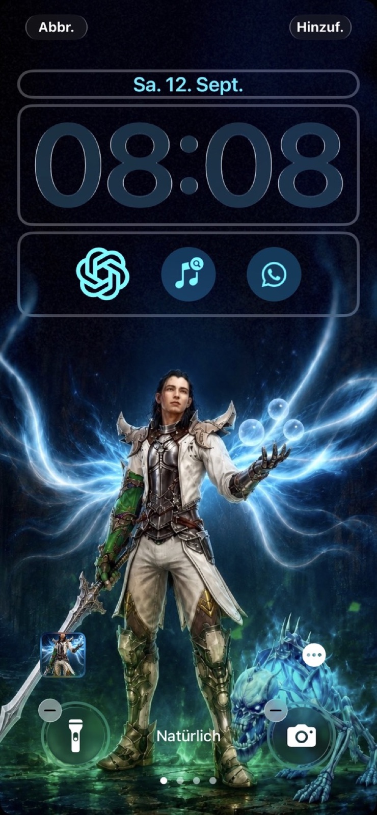 A phone lock screen at 08:08 showing a white-armoured figure surrounded by blue wing-like light, with the word Nat&uuml;rlich near the bottom.