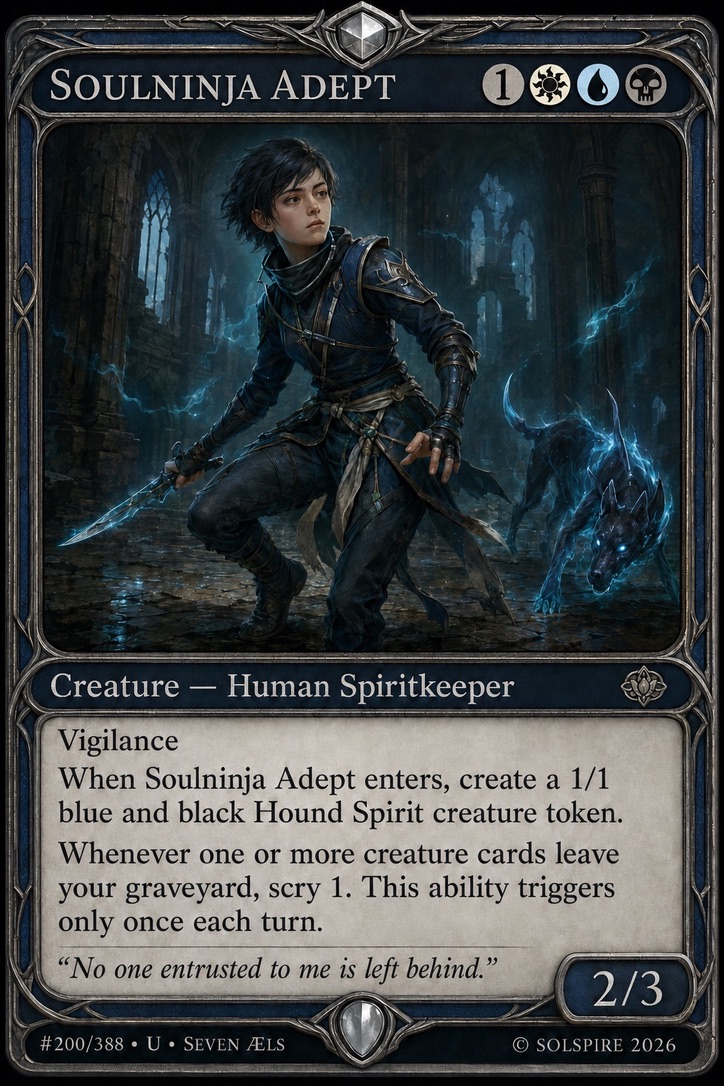 The Soulninja Adept card, showing a young dark-clad Spiritkeeper accompanied by a blue spectral hound in ruined cathedral passages.