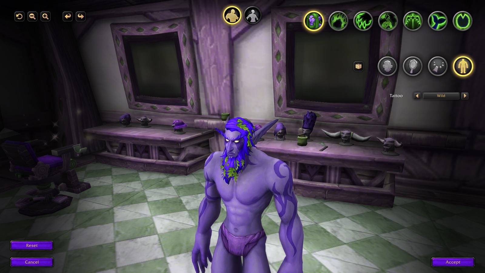 A World of Warcraft character-customisation screen showing a purple night elf with vivid green, leaf-like hair and beard markings.