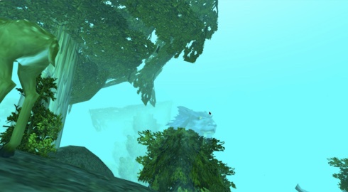 A turquoise game landscape with enormous tree roots overlooking pale cliffs in blue haze.