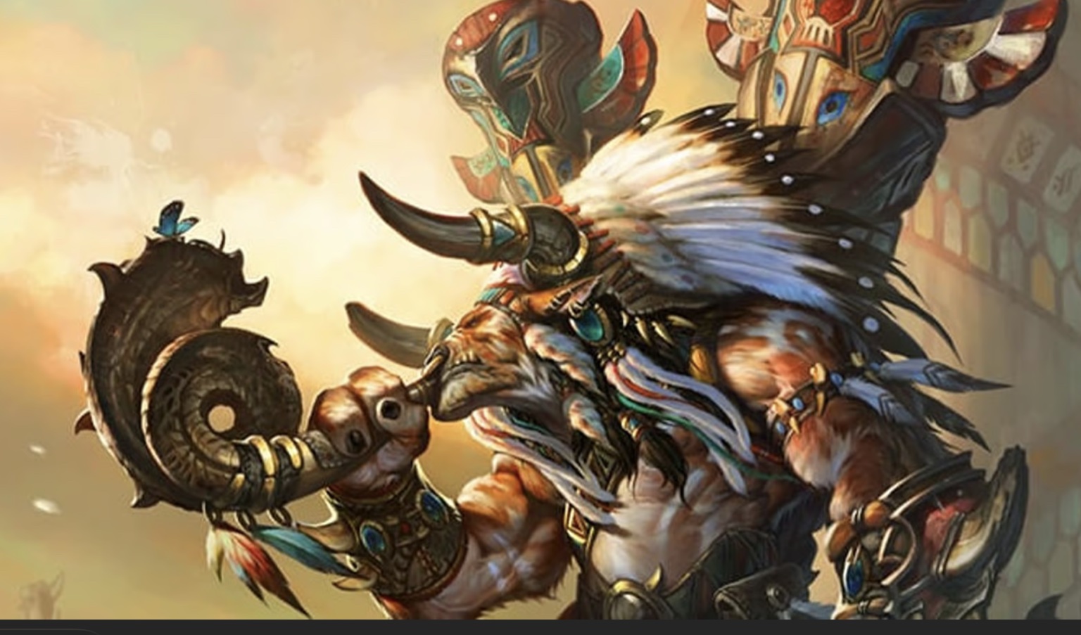 A horned tauren warrior raises a carved vessel while wearing feathered, totemic armour; a blue butterfly rests on the vessel.