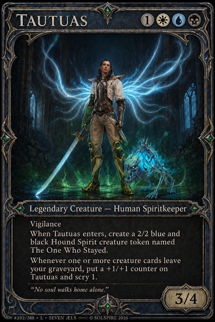 The legendary Tautuas card, showing a white-armoured Spiritkeeper with blue wing-like light and a skeletal blue hound.