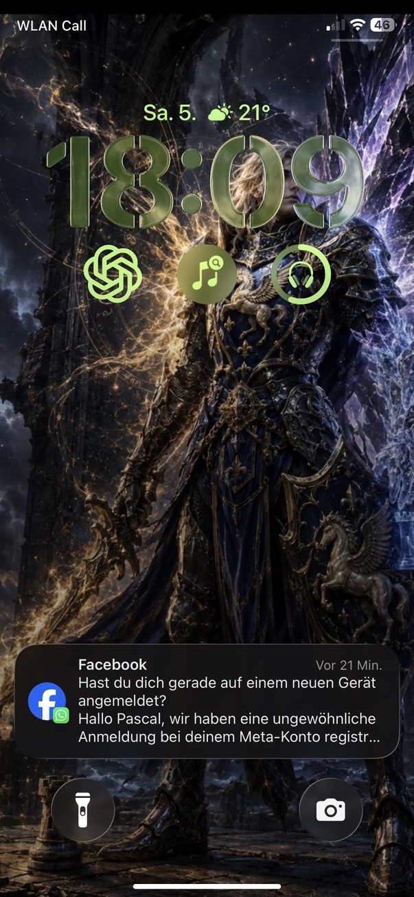 Phone lock screen at 18:09 showing a dark-armoured guardian divided by gold fire and violet ice, with a Facebook security notification.