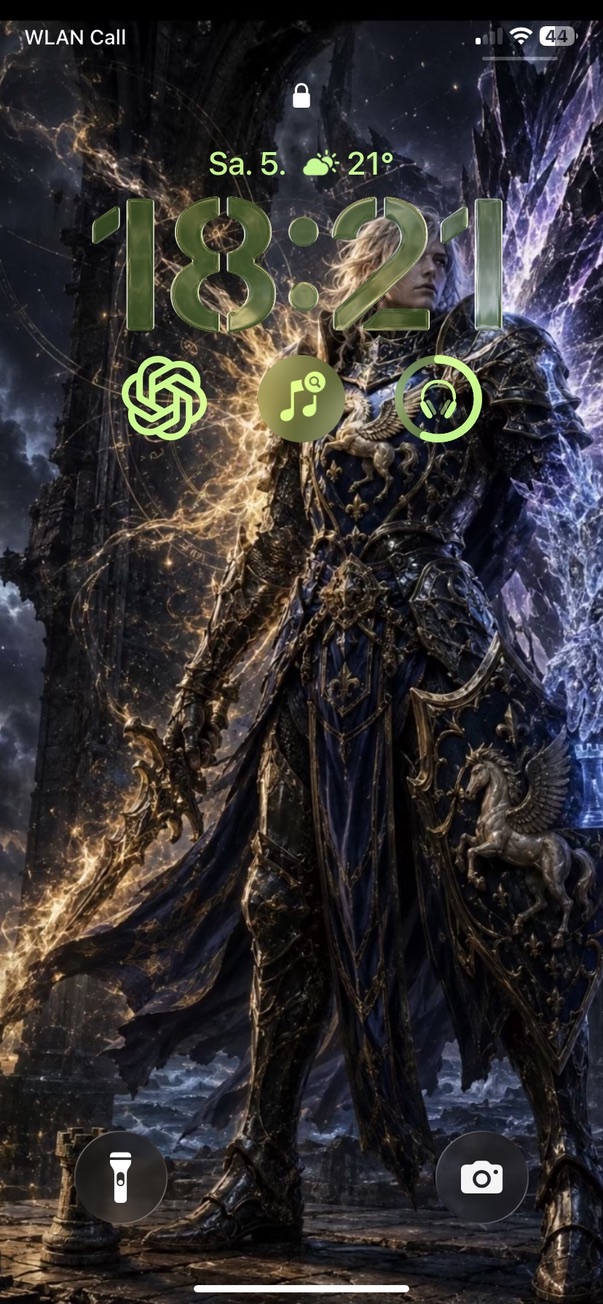 The same phone lock screen at 18:21, now clear of the notification, with the guardian still standing between gold fire and violet ice.