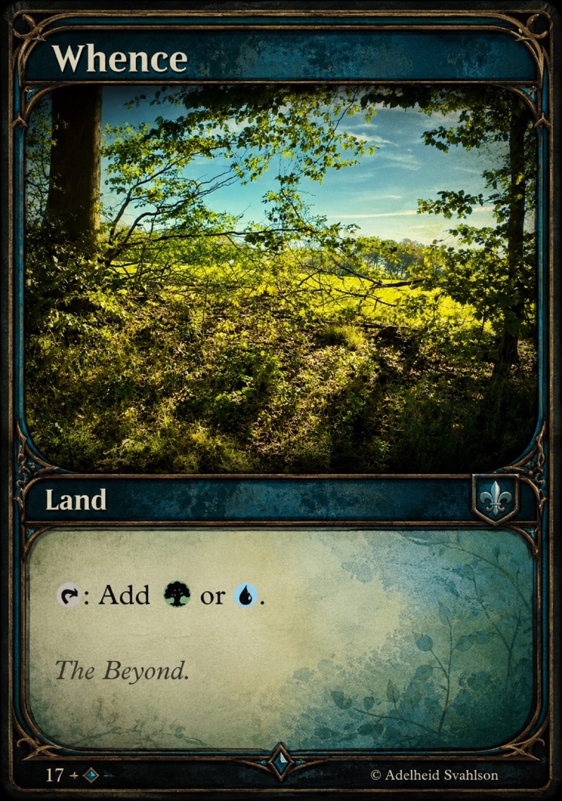 A teal-bordered land card titled Whence, showing a sunlit clearing seen through trees.
