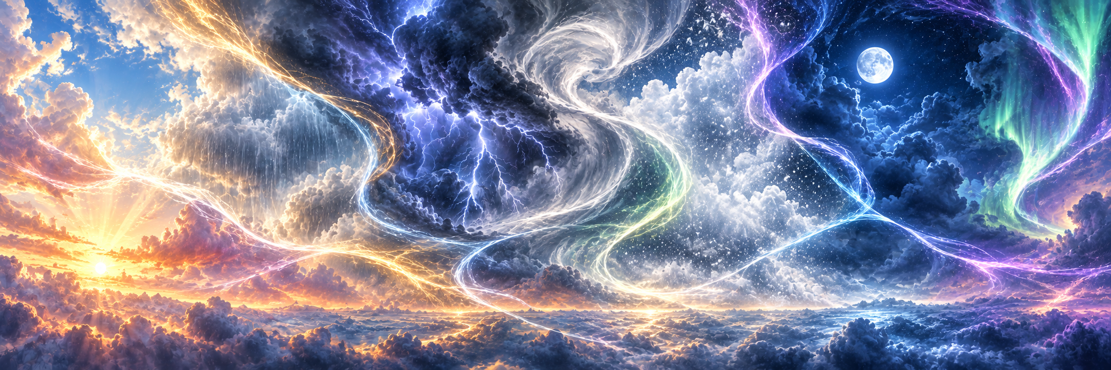 A radiant Solspire sky where sunrise, rain, lightning, snow, moonlight and aurora flow into one another.